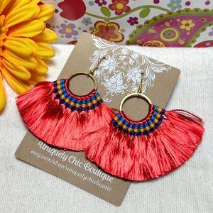 Med Fan Tassel Earrings Red Hoops Smooth Shiny Silky Fringe Drop Dangles